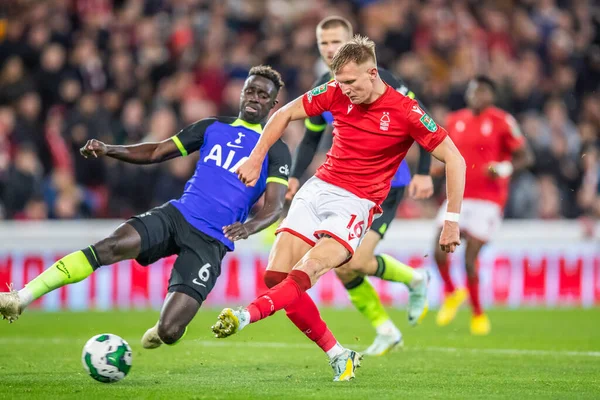 stock image Sam Surridge #16 of Nottingham Forest gets a shot away during the Carabao Cup Third Round match Nottingham Forest vs Tottenham Hotspur at City Ground, Nottingham, United Kingdom, 9th November 202