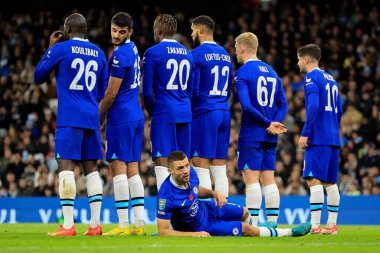 Chelsea 'li Mateo Kovacic 9 Kasım 202' de Etihad Stadyumu 'nda oynanan Carabao Kupası üçüncü tur karşılaşmasında serbest vuruşu durdurmak için defans duvarının arkasına uzandı.