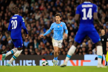 Manchester City 'den Jack Grealish 9 Kasım 202' de Etihad Stadyumu 'nda oynanan Carabao Kupası üçüncü tur karşılaşmasında topla koşar.