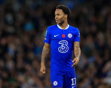 Chelsea 'li Raheem Sterling # 17. Carabao Kupası Üçüncü Raundda Manchester City Chelsea' ye karşı Etihad Stadyumu, Manchester, İngiltere, 9 Kasım 202