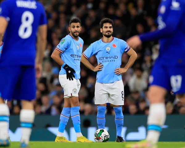 Riyad Mahrez Och Ilkay Gundogan Manchester City Väntar Frispark Carabao — Stockfoto