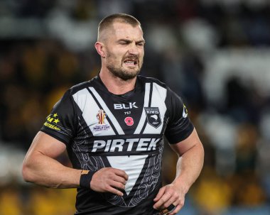 Yeni Zelandalı Kieran Foran, Rugby Ligi Dünya Kupası 2021 yarı final maçı sırasında Avustralya ile Yeni Zelanda arasında oynanan Elland Road, Leeds, İngiltere, 11 Kasım 202