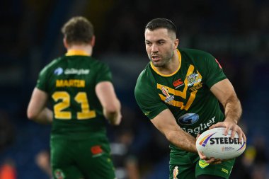 Avustralya 'dan James Tedesco Rugby Ligi Dünya Kupası 2021 yarı final karşılaşması öncesinde Elland Road, Leeds, İngiltere' de 11 Kasım 202 'de Avustralya ile Yeni Zelanda karşılaşacak.