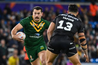 Avustralyalı Reagan Campbell-Gillard Rugby Ligi Dünya Kupası 2021 yarı final karşılaşmasında Avustralya ile Yeni Zelanda arasındaki Elland Road, Leeds, İngiltere, 11 Kasım 202