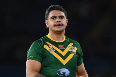 Avustralya 'dan Latrell Mitchell Rugby Ligi Dünya Kupası 2021 yarı final karşılaşması öncesinde Elland Road, Leeds, İngiltere, 11 Kasım 202' de Avustralya 'ya karşı oynandı.