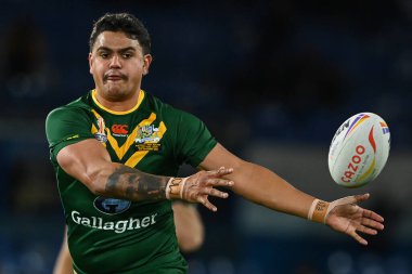 Avustralya 'dan Latrell Mitchell Rugby Ligi Dünya Kupası 2021 yarı final karşılaşması öncesinde Elland Road, Leeds, İngiltere, 11 Kasım 202' de Avustralya 'ya karşı oynandı.