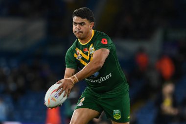 Avustralya 'dan Latrell Mitchell Rugby Ligi Dünya Kupası 2021 yarı final karşılaşması öncesinde Elland Road, Leeds, İngiltere, 11 Kasım 202' de Avustralya 'ya karşı oynandı.