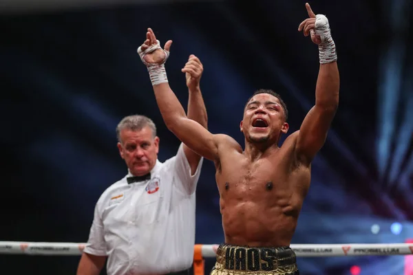 stock image Marcel Braithwaite celebrates his win in the Thomas Essomba vs Marcel Braithwaite fight at the Sunny Edwards vs Felix Alvarado card at Utilita Arena, Sheffield, United Kingdom, 11th November 202