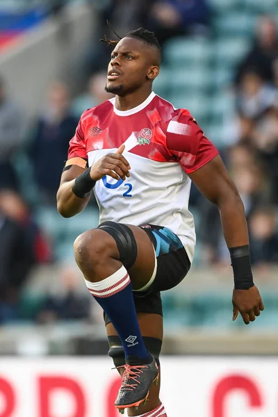 stock image Maro Itoje of England stretches during pre match warm up ahead of the Autumn internationals match England vs Japan at Twickenham Stadium, Twickenham, United Kingdom, 12th November 202