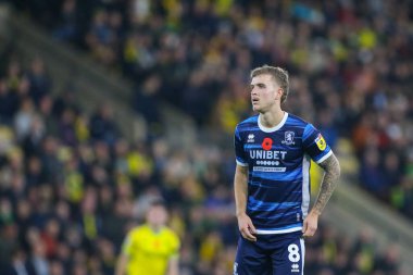 Riley McGree # 8 Middlesbrough Sky Bet Şampiyonası maçında Norwich City, Middlesbrough 'a karşı Carrow Road, Norwich, İngiltere, 12 Kasım 202