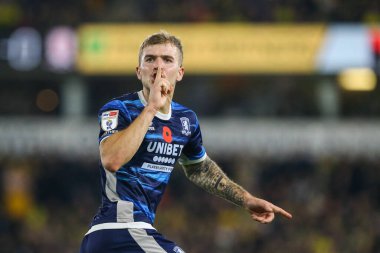 Middlesbrough 'dan Riley McGree 12 Kasım 202' de Norwich City, Norwich Road 'da Middlesbrough' a karşı oynanan Sky Bet Şampiyonası 'nda 1-1 kazanma hedefini kutluyor.