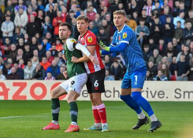 Plymouth Argyle (9), Lincoln City - Plymouth Argyle maçında Lincoln City - Gelder Group Sincil Bank Stadyumu, Lincoln, Birleşik Krallık, 12 Novem maçında Lincoln City 'nin orta saha oyuncusu Max Sanders (6) ile birlikte sahip olma mücadelesi veriyor.