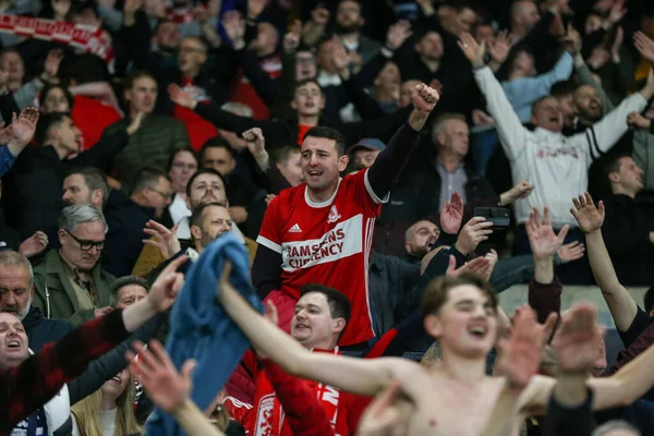 Fãs Middlesbrough Comemoram Apito Final Durante Luta Sky Bet Championship — Fotografia de Stock