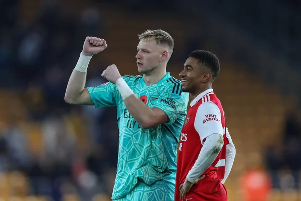 stock image Aaron Ramsdale #1 of Arsenal celebrates his teams win after the Premier League match Wolverhampton Wanderers vs Arsenal at Molineux, Wolverhampton, United Kingdom, 12th November 202