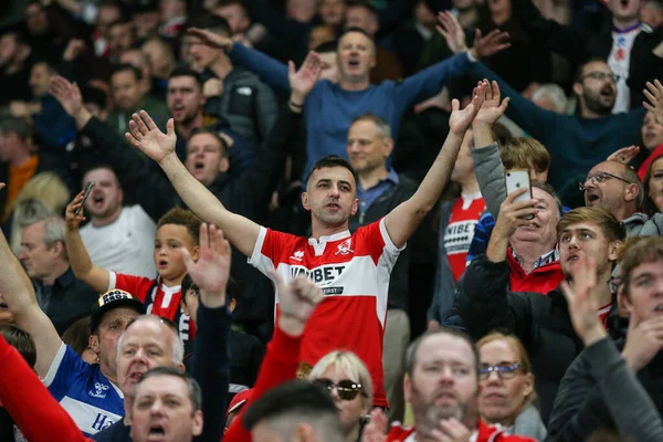 Tifosi Middlesbrough Festeggiano Fischio Finale Durante Match Campionato Sky Bet — Foto Stock