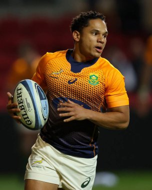 Güney Afrika 'dan Herschel Jantjies, Bristol Ayıları' nın Güney Afrika 'ya karşı oynadığı ve 17 Kasım 2022' de Ashton Gate, Bristol, Birleşik Krallık 'ta oynanan karşılaşma öncesi ısınma maçı öncesinde