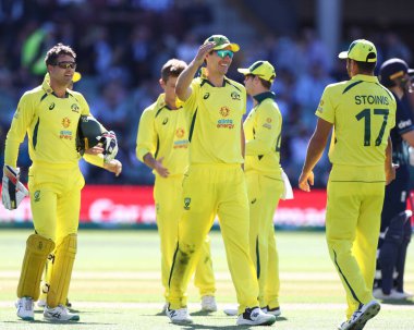 Pat Cummins, Avustralyalı Adam Zampa 'nın 17 Kasım 2022' de Adelaide, Adelaide, Avustralya 'da oynanan Dettol ODI Serisi karşılaşmasında İngiliz Chris Jordan' ı görevden almasını kutluyor.