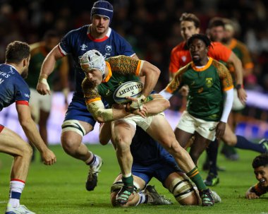 Güney Afrika 'dan Henco van Wyk, Bristol Bears' ın 17 Kasım 2022 tarihinde Ashton Gate, Bristol, İngiltere 'de oynanan Friendly maçında durduruldu.