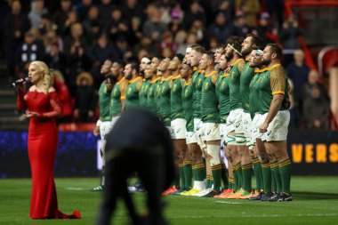Güney Afrika A, Bristol Bears ile Güney Afrika maçı öncesinde Güney Afrika milli marşını söylüyor. 17 Kasım 2022 'de Ashton Gate, Bristol' da XV 'yi seçin.