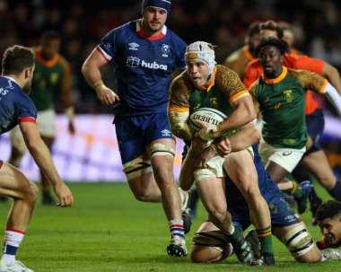 Güney Afrika 'dan Henco van Wyk, Bristol Bears' ın 17 Kasım 2022 tarihinde Ashton Gate, Bristol, İngiltere 'de oynanan Friendly maçında durduruldu.