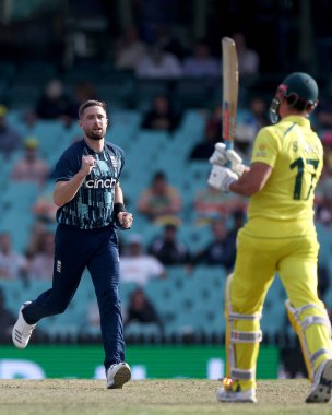  İngiliz Chris Woakes, Dettol Serisi 2. ODI karşılaşmasında Avustralyalı Marcus Stoinis 'in 19 Kasım 2022' de SCG, Sydney, Avustralya 'da oynanan karşılaşmasını kutluyor.
