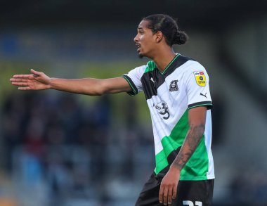 Plymouth Argyle 'ın 21 numaralı oyuncusu Nigel Lonwijk, 19 Kasım 2022 tarihinde İngiltere' nin Trent kentindeki Pirelli Stadyumu 'nda oynanan Sky Bet 1 karşılaşmasında Burton Albion' a karşı Plymouth Argyle 'ı haykırıyor.