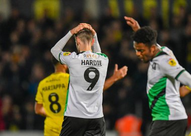 Plymouth Argyle forvet Niall Ennis (11) ve Plymouth Argyle forvet Ryan Hardie (9) Burton Albion 'un 2-2' lik skorla gol atması ve Burton Albion defans oyuncusu Adrian Mariappa (8) 'in gol atması üzerine tam zamanlı olarak üzgün görünüyor.