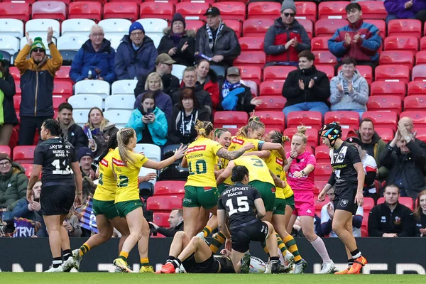 stock image Jessica Sergis #11 of Australia Women celebrates her try and makes the score 4-0 during the Women's Rugby League World Cup Final match Australia vs New Zealand at Old Trafford, Manchester, United Kingdom, 19th November 2022