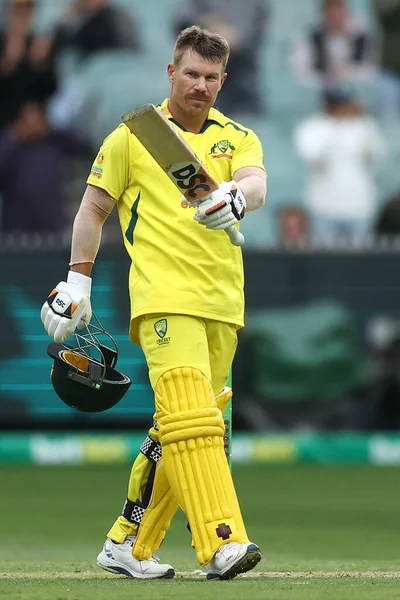 stock image David Warner of Australia celebrates reaching 100 runs during the Dettol ODI Series match Australia vs England at Melbourne Cricket Ground, Melbourne, Australia, 22nd November 2022