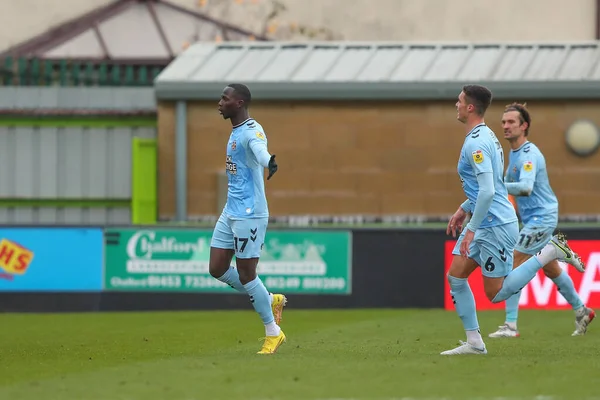 stock image Saikou Janneh #17 of Cambridge United celebrates his goal to make it 1-1 during the Sky Bet League 1 match Forest Green Rovers vs Cambridge United at The New Lawn, Nailsworth, United Kingdom, 3rd December 202