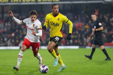 Watford 'dan Joo Pedro 11 Aralık 2022' de Watford vs Hull City 'nin Vicarage Road, Watford, İngiltere' de oynanan Sky Bet Şampiyonası maçında iş başında.