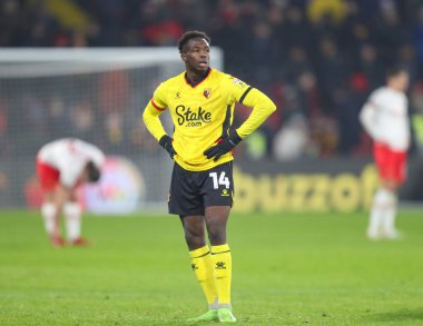 Watford 'un Hassane Kamara # 14' ü, 11 Aralık 2022 'de Watford vs Hull City' de oynanan Sky Bet Şampiyonası maçında üzgün görünüyor.