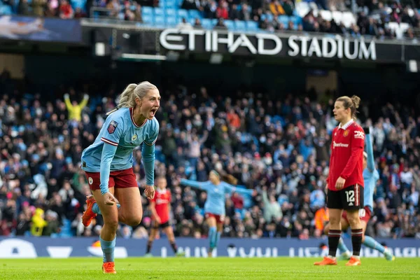 Laura Coombs Manchester City Celebra Objetivo Hacerlo Durante Partido Súper —  Fotos de Stock