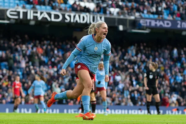 Laura Coombs Manchester City Comemora Seu Objetivo Fazê Durante Jogo — Fotografia de Stock