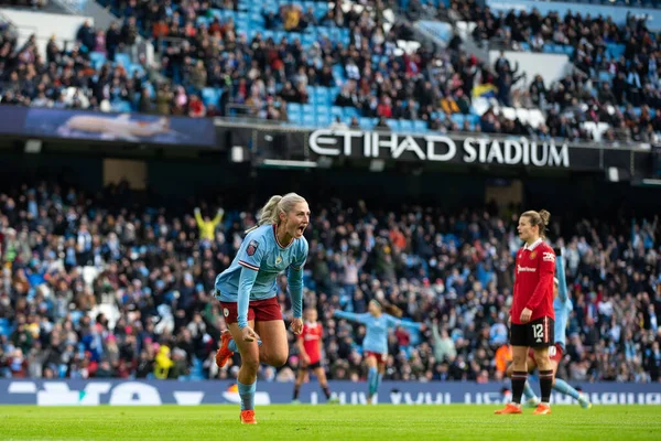 Laura Coombs Manchester City Comemora Seu Objetivo Fazê Durante Jogo — Fotografia de Stock