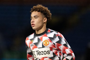 Manchester United 'dan Sam Murray # 79 Papa John' s Trophy maçından önce Bolton Wanderers Manchester United U21 'e karşı Bolton Stadyumu, Bolton Üniversitesi, Birleşik Krallık, 13 Aralık 2022