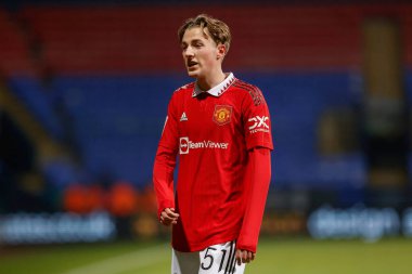 Manchester United 'ın Charlie Savage # 51' i Papa John 's Trophy maçı sırasında Bolton Wanderers Manchester United U21' e karşı Bolton Stadyumu, Bolton Üniversitesi, Birleşik Krallık, 13 Aralık 2022