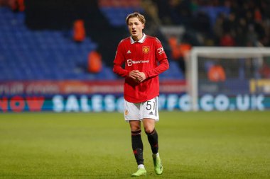 Manchester United 'ın Charlie Savage # 51' i Papa John 's Trophy maçı sırasında Bolton Wanderers Manchester United U21' e karşı Bolton Stadyumu, Bolton Üniversitesi, Birleşik Krallık, 13 Aralık 2022