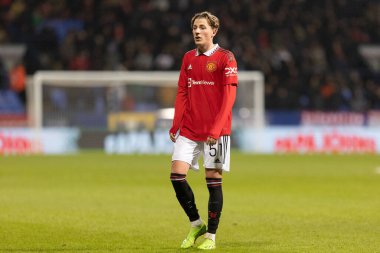 Manchester United 'ın Charlie Savage # 51' i Papa John 's Trophy maçı sırasında Bolton Wanderers Manchester United U21' e karşı Bolton Stadyumu, Bolton Üniversitesi, Birleşik Krallık, 13 Aralık 2022