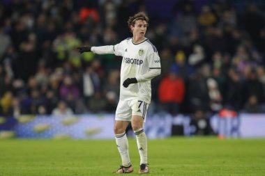 Leeds United 'ın 7 numaralı Brenden Aaronson maçı sırasında Leeds United, Real Sociedad' a karşı Elland Road, Leeds, İngiltere, 16 Aralık 2022