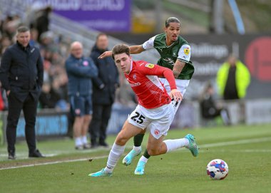 Plymouth Argyle defans oyuncusu Nigel Lonwijk (21) ve Morecambe forvet Adam Major (25), 17 Aralık 2022 tarihinde İngiltere 'nin Plymouth kentinde oynanan Sky Bet 1 karşılaşmasında top için mücadele ettiler.