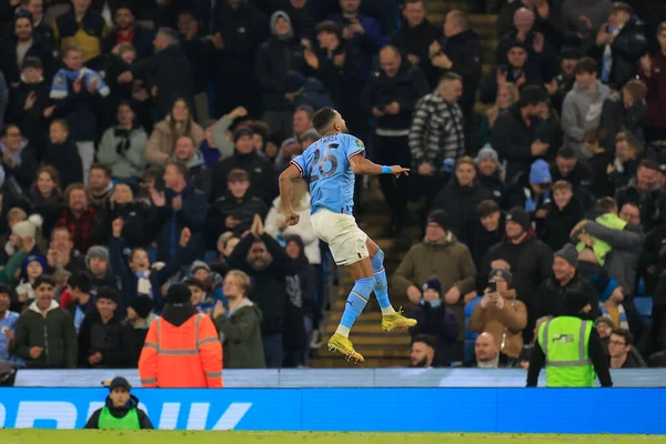 Riyad Mahrez Del Manchester City Celebra Suo Gol Durante Carabao — Foto Stock
