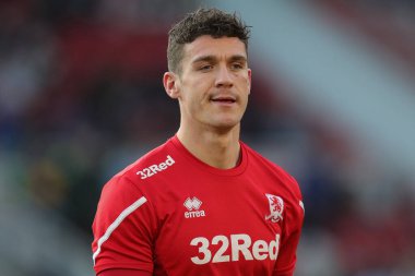 Middlesbrough 'dan Darragh Lenihan # 26 numaralı maç öncesi ısınma maçı öncesinde Middlesbrough - Wigan Athletic, Riverside Stadyumu, Middlesbrough, Birleşik Krallık, 26 Aralık 202