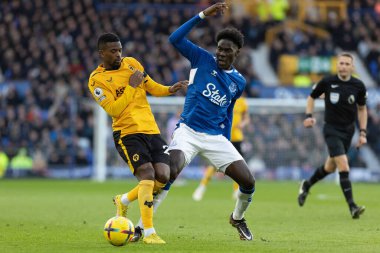 Everton 'dan Amadou Onana # 8 Premier League maçında Nelson Semedo # 22 Wolverhampton Wanderers' a karşı Goodison Park, Liverpool, Birleşik Krallık 'ta Everton Wolverhampton Wanderers maçında meydan okuyor.