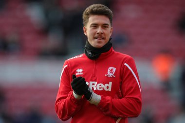 Middlesbrough 'dan Matthew Hoppe # 13, Middlesbrough, Birleşik Krallık Riverside Stadyumu' nda Middlesbrough vs Wigan Athletic 'e karşı oynanan Gökyüzü İddia Şampiyonası maçı öncesinde ısınma turu öncesinde 26 Aralık 202