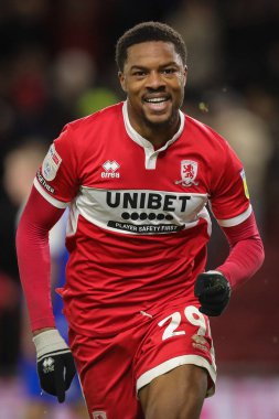 Middlesbrough 'dan Chuba Akpom 26 Aralık 202' de Middlesbrough, İngiltere 'deki Riverside Stadyumu' nda oynanan Sky Bet Şampiyonası maçında hat-trick 'ini kutluyor ve skoru 4-1' e çıkarıyor.