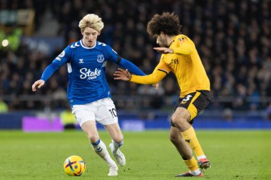 Everton 'dan Anthony Gordon # 10 Premier Lig maçı sırasında Goodison Park, Liverpool' da Everton Wolverhampton Wanderers 'a karşı 26 Aralık 202