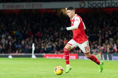 Arsenal 'den Gabriel Martinelli Premier Lig maçı sırasında Arsenal, West Ham United' a karşı Emirates Stadyumu, Londra, Birleşik Krallık, 26 Aralık 202