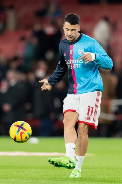 Gabriel Martinelli # 11 Arsenal Premier Lig karşılaşması öncesinde ısınıyor. Arsenal, West Ham United 'a karşı Emirates Stadyumu, Londra, 26 Aralık 202