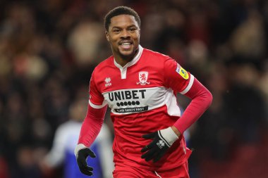 Middlesbrough 'dan Chuba Akpom 26 Aralık 202' de Middlesbrough, İngiltere 'deki Riverside Stadyumu' nda oynanan Sky Bet Şampiyonası maçında hat-trick 'ini kutluyor ve skoru 4-1' e çıkarıyor.